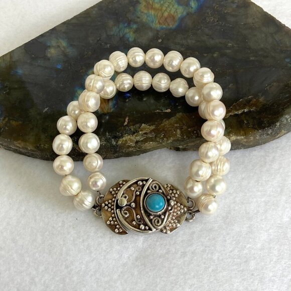 Sterling Silver 925 Two Strand Baroque Pearl Turquoise Bali Clasp Bracelet - Picture 6 of 16